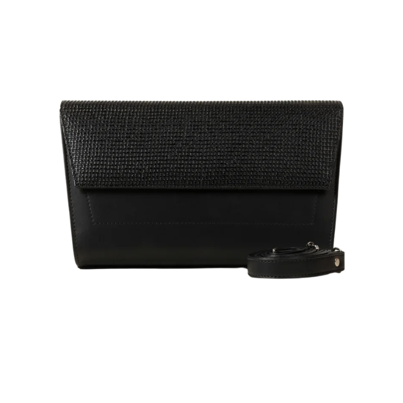 Black Textured Flap Handbag